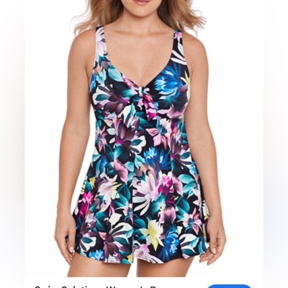 SWIM SOLUTIONS NWT Classic Tropical Bow-Front Swim Dress One piece 12 M L